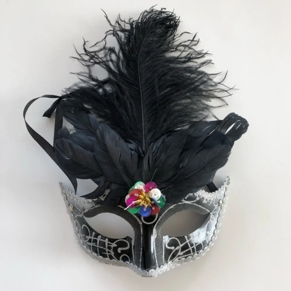 Masquerade Mask Black & Silver with Feathers